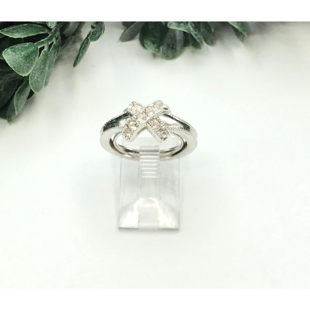 Ring with rhinestone X designs silver tone size 5 by NV